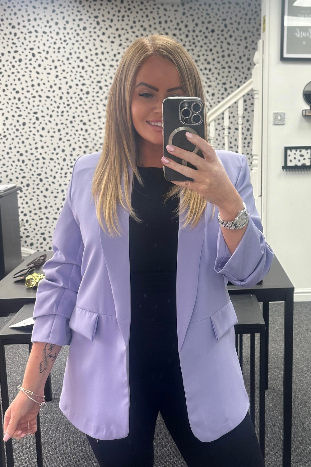 Lilac Ruched Sleeve Blazer