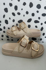 Beige Embroidered Chunky Sandals